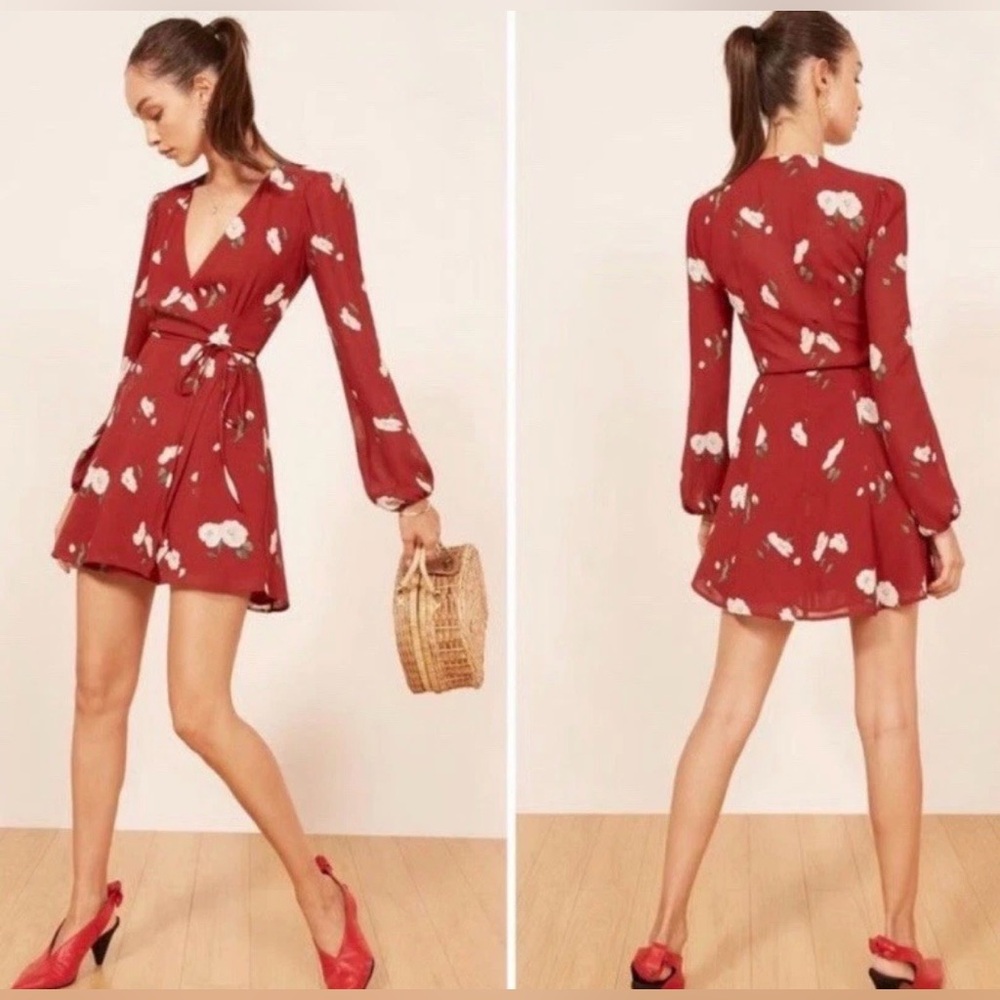 Reformation Cherry Red Floral COLLINS Long Sleeve Wrap Mini Dress Sz XS